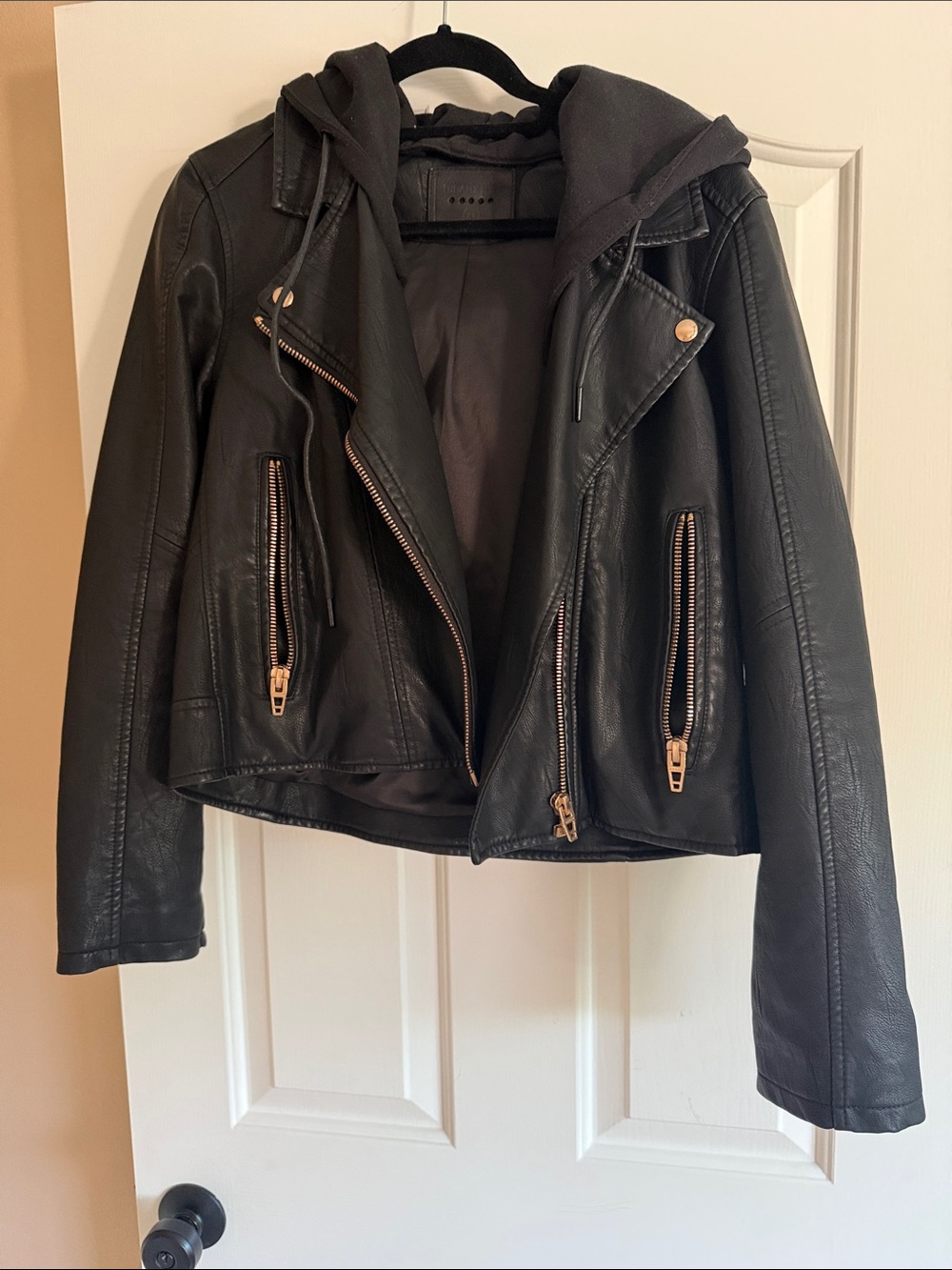 Blank NYC Black Faux Leather Moto Jacket with Hood